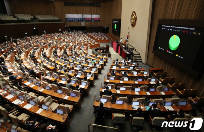 지난 24일 새벽 서울 여의도 국회에서 열린 제389회 국회(임시회) 제3차 본회의에서 국가정보기관의 불법사찰성 정보 공개 및 진상 규명과 재발 방지를 위한 특별 결의안(대안)이 재석 230인, 찬성 217인, 반대 0인, 기권 13인으로 가결되고 있다. /사진=뉴스1.