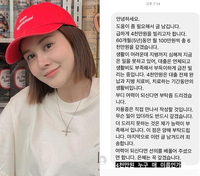 가수 아이비(왼쪽)가 공개한 한 누리꾼이 보내온 금전 요구 메시지./사진=아이비 인스타그램