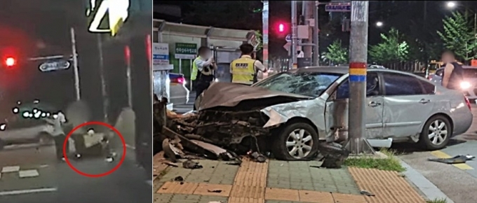 지난달 29일 오후 9시35분쯤 진주시 평거동 서부농협 앞 교차로에서 오토바이와 승용차가 충돌했다./사진=유튜브 채널 '한문철TV'(왼쪽), 뉴스1(독자제공)