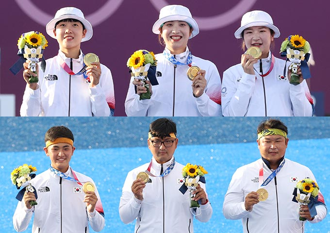 한국 양궁 국가대표 선수 (위)안산, 장민희, 강채영 (아래)김제덕, 김우진, 오진혁 /사진=뉴시스