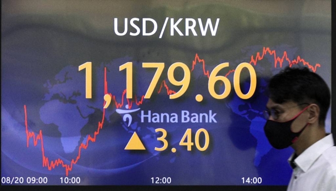  [서울=뉴시스] 정병혁 기자 = 서울 외환시장에서 원·달러 환율이 전 거래일(1176.2원)보다 3.4원 오른 1179.6원에 마감한 20일 오후 서울 중구 하나은행 딜링룸에서 딜러들이 업무를 보고 있다. 이날 원·달러 환율은 종가 기준으로 11개월 만에 최고치를 기록했다. 2021.08.20. jhope@newsis.com