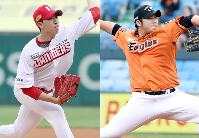 1일 기준으로 리그 최다 볼넷 허용 투수 SSG 오원석(왼쪽)과 9이닝당 볼넷 최다 1위인 한화 김민우. /사진=SSG,한화 제공