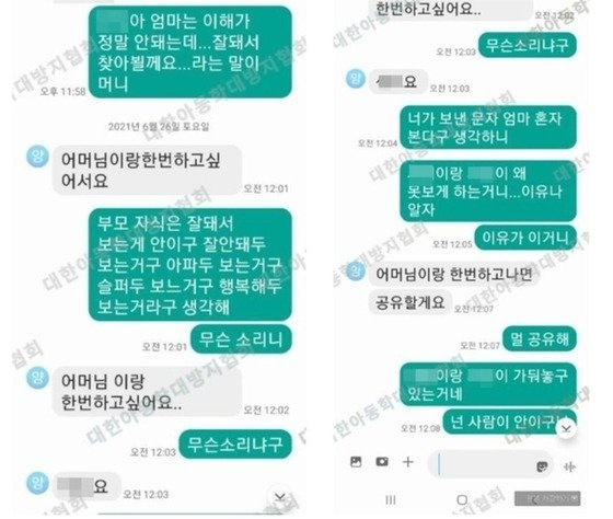 20개월 여아 살해범 양모씨가 장모에게 보낸 패륜 문자. /사진제공=대한아동학대방지협회