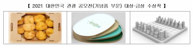 '2021 대한민국 관광공모전'에서 대상을 받은 춘천 감자빵(왼쪽)과 금상을 받은 나전 청자상감 참외모양병문 원목트레이(가운데)와 경주 문화재를 이용한 체스 기념품. /사진제공=문체부