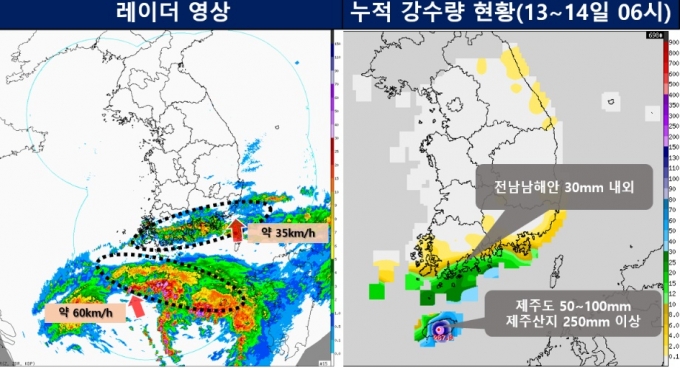 14일 오전 6시 기준 제14호 태풍 '찬투'의 레이더 영상과 누적 강수량 현황./사진=기상청 홈페이지