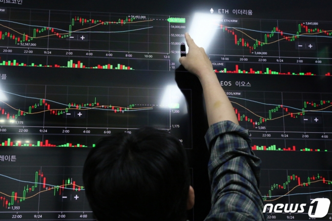 (서울=뉴스1) 노선웅 기자 = 사진은 24일 서울 용산구 코인원 고객센터 모니터에 표시된 비트코인 등 암호화폐 시세. 2021.9.24/뉴스1