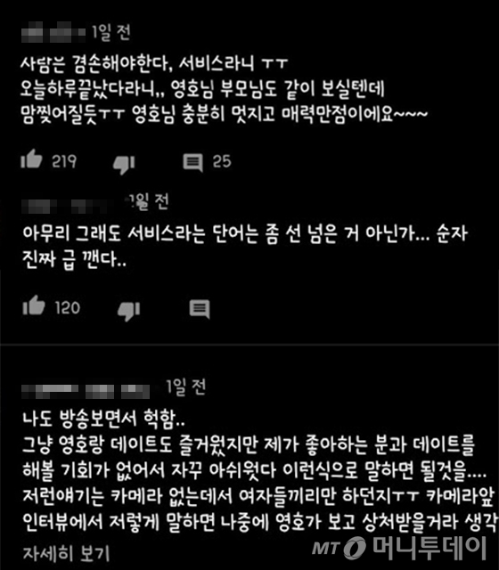 /사진=순자(가명) 유튜브 채널에 달린 댓글