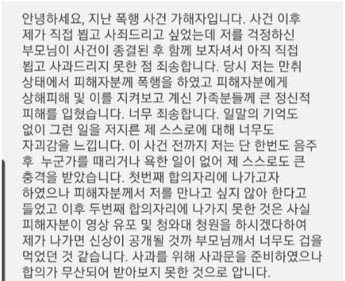 40대 가장을 폭행한 여성이 보내온 사과 문자 일부. /사진=독자 제보