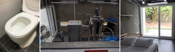 (왼쪽부터) 초절수식 변기, 인분을 바이오 연료로 전환하는 장치, 인분이 전기 에너지로 전환된 모습. /사진=울산과학기술원(UNIST)