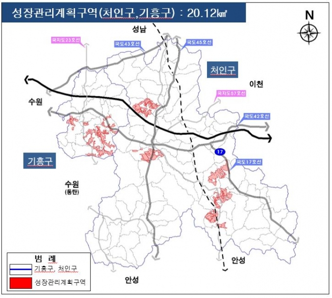 사진=처인, 기흥구 15개 지역 20.12㎢ 성장관리계획 구역도/사진제공=용인시