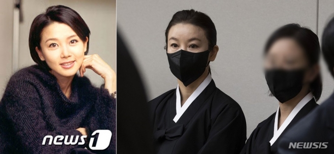 고(故) 전두환씨의 둘째 며느리인 배우 출신 박상아씨의 과거 사진(왼쪽), 지난 25일 오후 서울 서대문구 신촌 세브란스병원 장례식장에 마련된 전씨의 빈소에서 박씨와 그의 딸이 예배 준비를 하고 있다./사진=뉴스1, 뉴시스(공동취재사진)