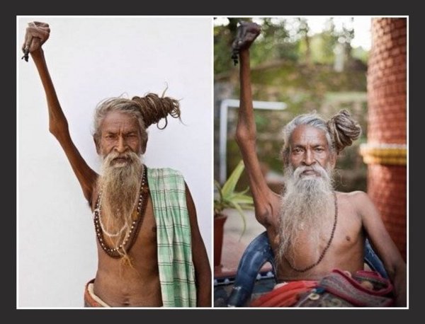 인도의 한 남성이 종교적 이유로 45년간 오른팔을 들고 살아왔다. /사진=V_shuddhi 트위터 캡처. 