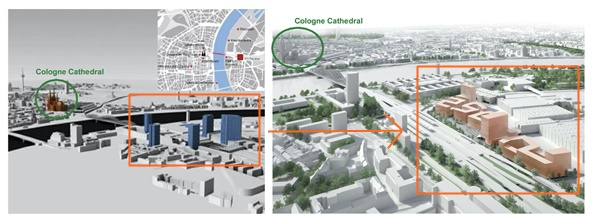 독일 쾰른 대성당 인근의 고층빌딩 개발안(왼쪽)과 저층으로 수정된 계획안의 모습. 시당국이 건설사업 중단 후 건축물 높이를 제한하며 세계유산 지위를 유지했다. /사진제공=문화재청