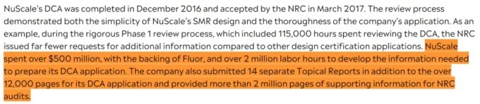 미국 원전 전문업체 뉴스케일 파워가 2020년 8월 미국원자력규제위원회(NRC)에 규제를 위해 1만 2000페이지에 달하는 보고서를 제출하고 막대한 예산을 썼다는 내용. / 사진=미국 뉴스케일파워