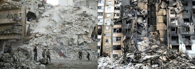 러시아군의 공격을 받은 우크라이나 하르키브 일대 건물들이 완전히 붕괴됐다./사진=AFP