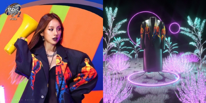 가수 이효리가 입은 드레스(왼쪽)가 오브오티디 메타버스 플랫폼에서 공개된 모습(오른쪽)/사진=오스카퓨처라