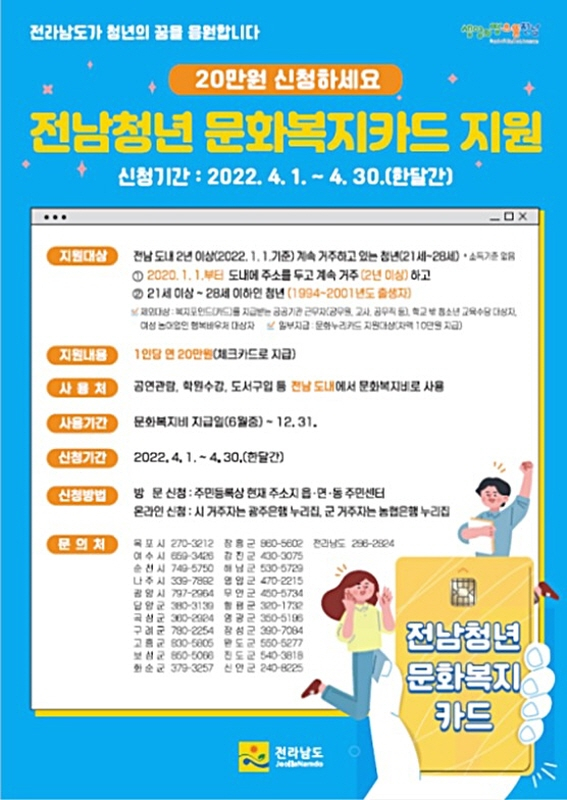 나주시. '청년 1인당 20만원'전남청년 문화복지카드 지원 사업 포스터.