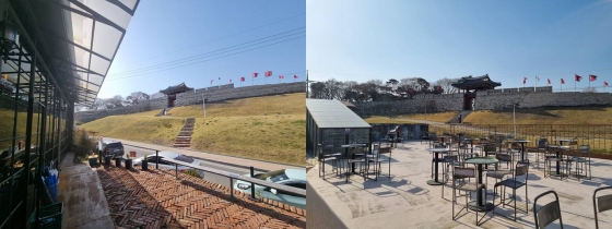 ▲ 카페 2층에 자리를 잡으면 홍주성 산책로가 한눈에 보인다.