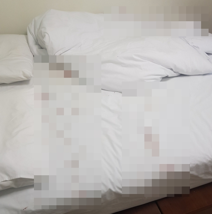 한 커플이 지난 14일 펜션 침구에 피를 흩뿌려놓고 퇴실한 사연이 전해졌다./사진=아프니까 사장이다