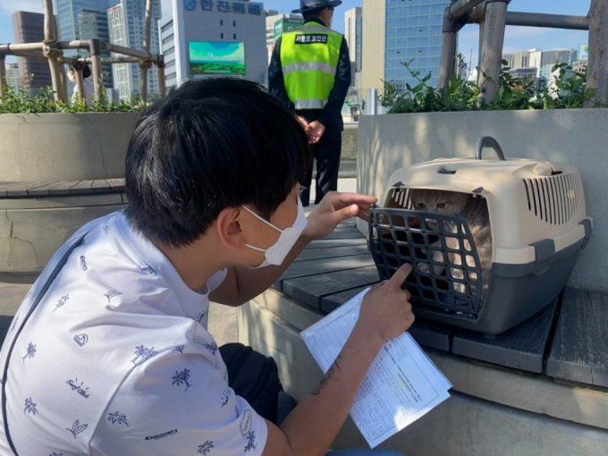 26일 오후, 윤기가 인천국제공항 영종도 계류장에서 나오던 날. 부산에 있는 집으로 가기 전에, 윤기의 이동장을 잠깐 열어준 윤기 아빠. 윤기가 놀라지 않도록, 혹여나 튀어나가지 않도록 조심조심 눈을 맞추는 모습이었다./사진=남형도 기자