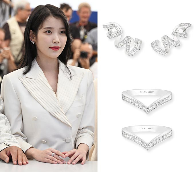 가수 겸 배우 아이유(이지은, 왼쪽)이 제75회 칸 국제 영화제 경쟁부문에 초청된 영화 &#039;브로커&#039; 포토콜 행사에 참석할 당시 착용한 &#039;쇼메&#039; 주얼리(오른쪽)/사진=AFPBBNews=뉴스1, 쇼메(Chaumet)