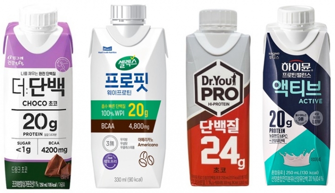 사진 왼쪽부터 빙그레 더:단백 드링크, 매일유업 셀렉스 프로핏, 오리온 닥터유PRO 드링크 단백질, 일동후디스 하이뮨 액티브./사진제공=빙그레, 매일유업, 오리온, 일동후디스