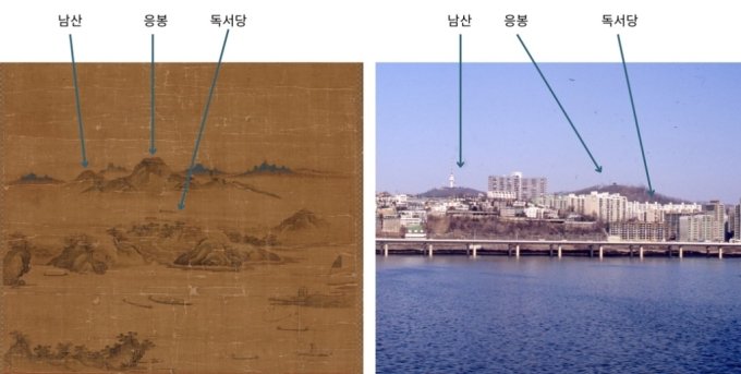 독서당계회도에 나타난 독서당의 모습(왼쪽)과 현재 위치인 서울 성동구 옥수동 극동아파트 일대의 모습. /사진=문화재청