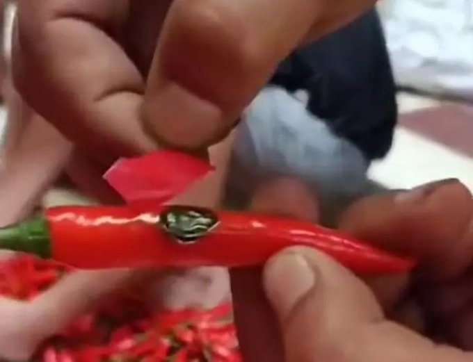 중국의 한 재래시장의 상인이 풋고추에 빨간색 테이프를 감아 붉은 고추인 것처럼 속여 판매했다. /사진=twgreatdaily