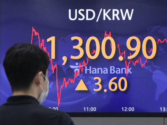 (서울=뉴스1) 신웅수 기자 = 23일 서울 중구 하나은행 딜링룸 전광판에 원달러 환율이 표시되고 있다. 이날 서울외환시장에서 달러·원 환율이 13년여 만에 처음으로 장중 1300원을 넘었다. 경기침체 우려가 불거지며 달러와 채권 등 안전자산 선호 심리가 확산한 여파로 풀이된다. 전문가들 사이에서는 단기적으로 1320원까지 오를 수 있다는 전망도 나온다. 2022.6.23/뉴스1