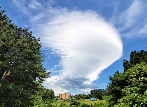 지난 23일 오후 제주시 하늘에 바람이 강한 날씨에 형성되는 '렌즈구름'이 떠올라 눈길을 끌고 있다.   렌즈구름은 덥고 습한 공기가 한라산을 넘어가면서 만들어진다. /사진=뉴스1  