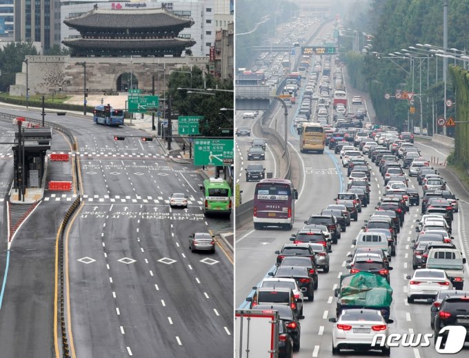 (서울=뉴스1) 박지혜 기자,안은나 기자 = 본격적인 여름휴가철을 맞은 1일 서울 중구 세종대로 일대 도심이 한산한 모습을 보이고 있다(왼쪽 사진). 반면 서초구 경부고속도로 하행선 반포IC 일대는 정체를 빚고 있다. 한국도로공사는 이날 전국에서 차량 456만대가 고속도로를 이용할 것으로 내다봤다. 지난주 대비 45만대가 늘어난 수준이다. 2021.8.1/뉴스1  