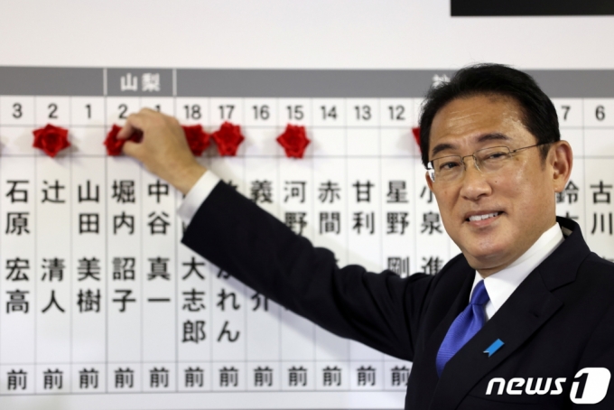 (도쿄 로이터=뉴스1) 노선웅 기자 = 기시다 후미오(岸田文雄) 일본 총리가 이끄는 자민당이 31일 실시한 중의원 총선거에서 단독 과반을 확보했다. 사진은 기시다 총리가 당 본부에 설치된 개표센터에서 당선자 이름에 장미꽃을 달아주고 있는 모습. (C) 로이터=뉴스1