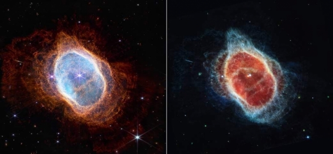 약 2500광년 떨어진 남쪽고리 성운. 왼쪽은 제임스 웹 우주 망원경이 포착한 사진, 오른쪽은 허블 우주망원경이 동일한 지점을 찍은 사진. / 사진=미국항공우주부(NASA)