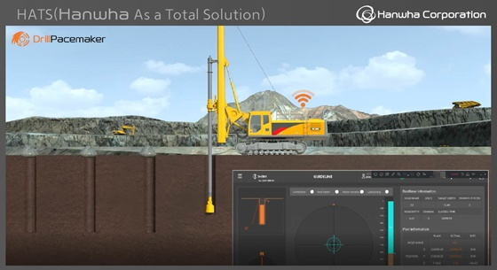 HATS(Hanwha As a Total Solution) 솔루션 중 천공(Drilling) 모듈 화면. 작업자는 정밀천공 가이드 화면을 보면서 설계 대로 정확히 천공이 진행되는지 파악할 수 있다. 동시에 천공 관련 데이터가 자동 수집 후 무선으로 전송되기 때문에 현장에서 떨어진 사무실에서도 작업자가 작업 진도율, 소음, 진동 등 안전 관련 사항 등을 실시간으로 모니터링할 수 있다./사진=(주)한화