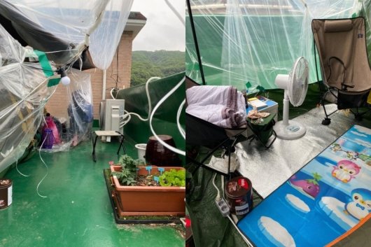  지난 6월 말에 한 누리꾼이 빌라 옥상에 이웃이 텐트를 치고 이불과 선풍기를 갖다놓는 등 살림을 차렸다고 호소했다./사진=온라인 커뮤니티