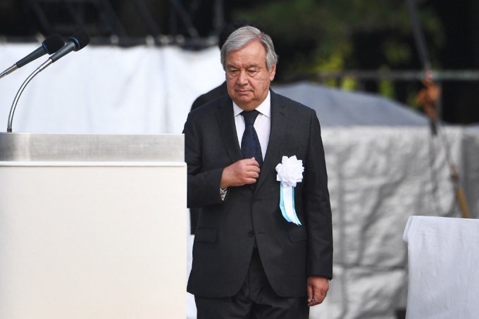 안토니우 구테흐스 유엔 사무총장이 6일 일본 히로시마에서 개최된 평화기념식에 참석하고 있다. /AFPBBNews=뉴스1