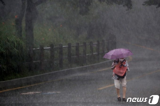 중부지역을 중심으로 많은 비가 내리며 수도권 곳곳에 호우경보가 발효된 8일 오후 서울 남산에서 우산을 쓴 시민이 발걸음을  재촉하고 있다. /사진=뉴스1