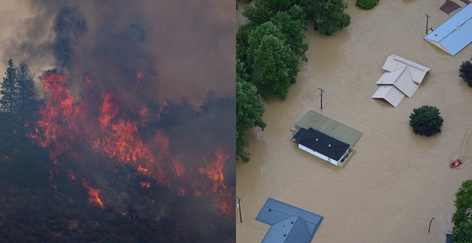 지난 2일 미국 캘리포니아주에서 발생한 산불 현장(왼쪽)과 지난달 30일 홍수 피해를 입은 켄터키주의 모습/AFPBBNews=뉴스1