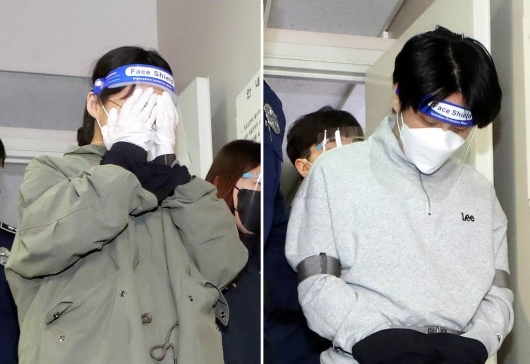 '계곡살인' 사건의 피의자 이은해(왼쪽)·조현수씨가 지난 4월 19일 오후 구속 전 피의자 심문(영장실질심사)을 받기 위해 인천시 미추홀구 인천지방법원으로 들어서고 있다. /사진=뉴시스
