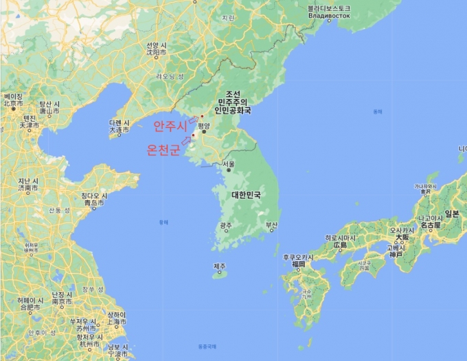 평남 도내에서 온천군과 안주시는 90여km 거리가 떨어져 있다. /사진=구글맵 캡처.