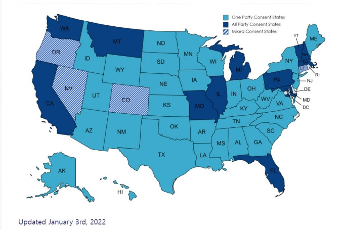 미국의 통화 녹음 관련 법안 현황. 짙은 파란색으로 표시가 상대방 동의 없는 녹음을 금지하는 주(州)다. /사진=레코딩로닷컴