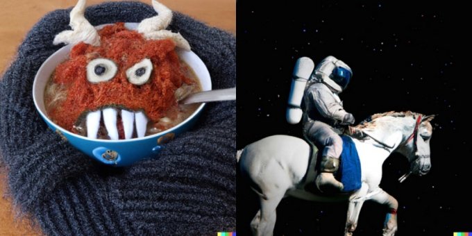 오픈AI '달리2'가 그린 털실로 짠 괴물처럼 보이는 수프 그릇'(왼쪽)과 '말을 타고 있는 우주비행사'. /사진=오픈AI