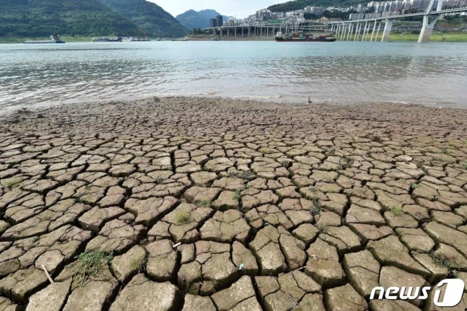 (충칭 AFP=뉴스1) 우동명 기자 = 16일 (현지시간) 중국 충칭의 양쯔강이 극심한 가뭄으로 갈라진 바닥을 드러내고 있다. ⓒ AFP=뉴스1