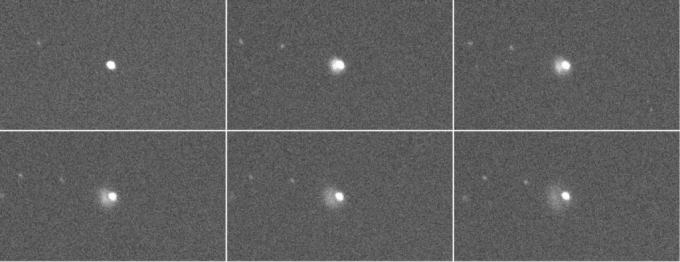 미국항공우주국(NASA)의 다트(DART) 우주선 충돌 전후 촬영한 영상. 왼쪽 상단은 충돌 직전의 소행성 디모포스, 나머지 5개 사진은 충돌 직후 먼지가 분출되는 모습이 포착됐다. / 사진제공=한국천문연구원