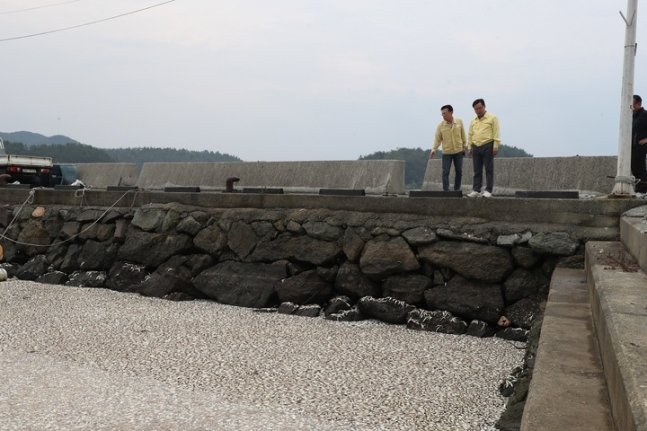 홍남표 경남 창원특례시장이 3일 물고기가 집단폐사된 마산만 해안 일대를 시찰하고 있다./사진=뉴시스