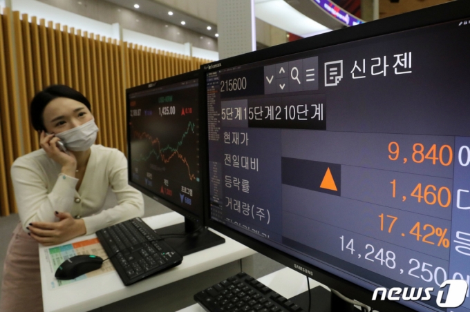 13일 서울 여의도 한국거래소 모니터에 거래가 재개된 신라젠 시세가 나타나고 있다. 신라젠은 2020년 5월 경영진의 횡령·배임으로 상장 적격성 실질 심사 사유가 발생해 주식 거래가 정지된 이후 약 2년 5개월 만에 거래가 재개됐다/사진=뉴스1 제공