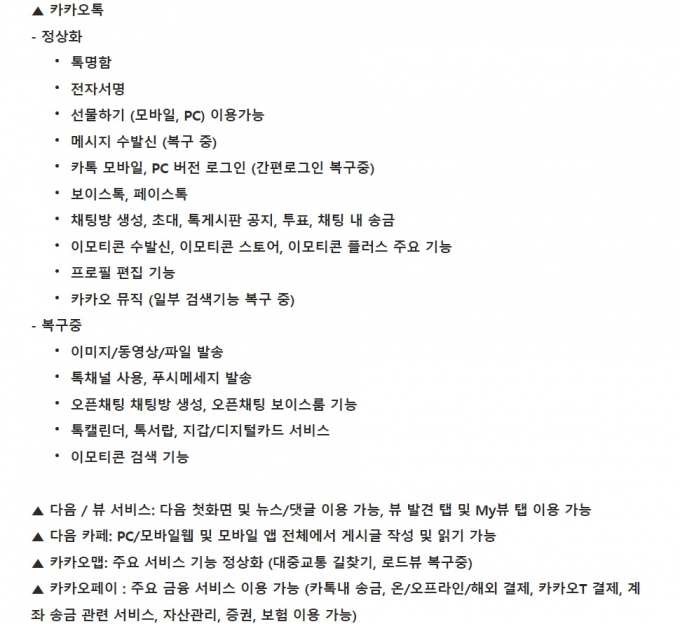 16일 오후 5시 기준 카카오서비스 복구 상황 공지 