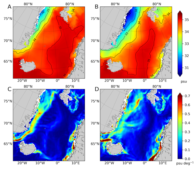 계절에 따른 노르딕해 염분 변화. 1991~2019년 평균 3월과 9월의 노르딕해 염분 분포 (A, B)와 공간 구배 (C, D). 공간 구배는 염분이 급변하는 정도를 나타내는 것으로 서로 다른 성질의 해수가 만나는 곳에서 강하게 나타난다. / 사진=극지연구소