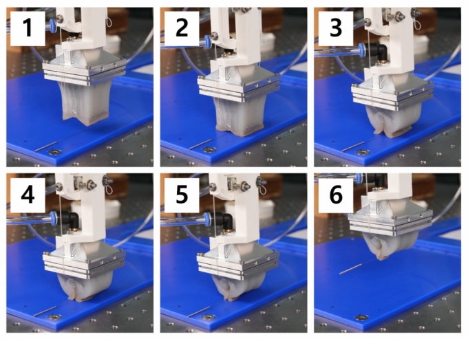 한국기계연구원이 개발한 그리퍼 로봇이 얇은 바늘을 들어올리는 모습. / 사진=한국기계연구원
