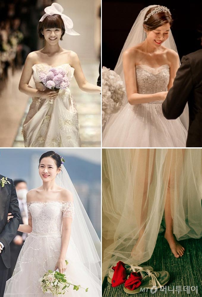 배우 강혜정, 김하늘, 손예진, 공효진의 웨딩 화보./사진=카마웨딩, SM C&amp;C, VAST엔터테인먼트, 공효진 인스타그램